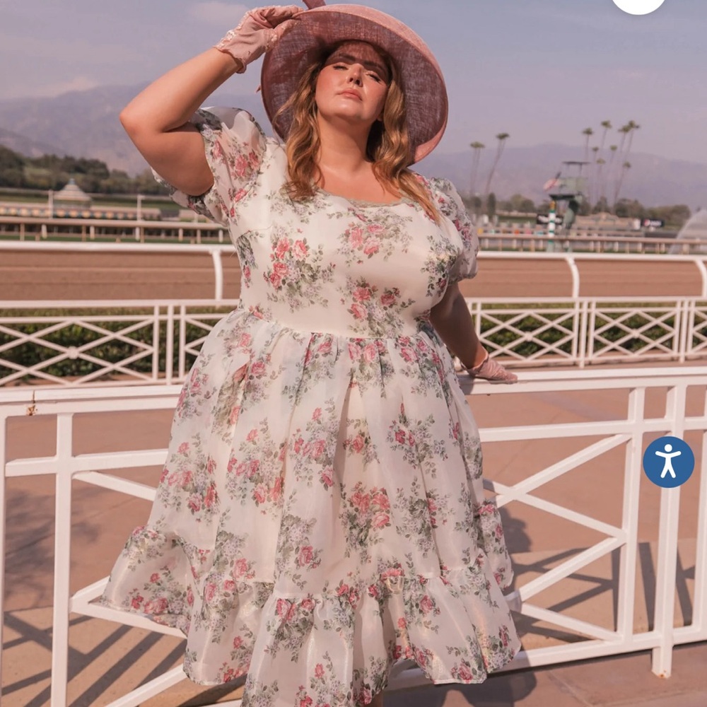 JessaKae White Floral Midi Dress with Pink & Green Accents